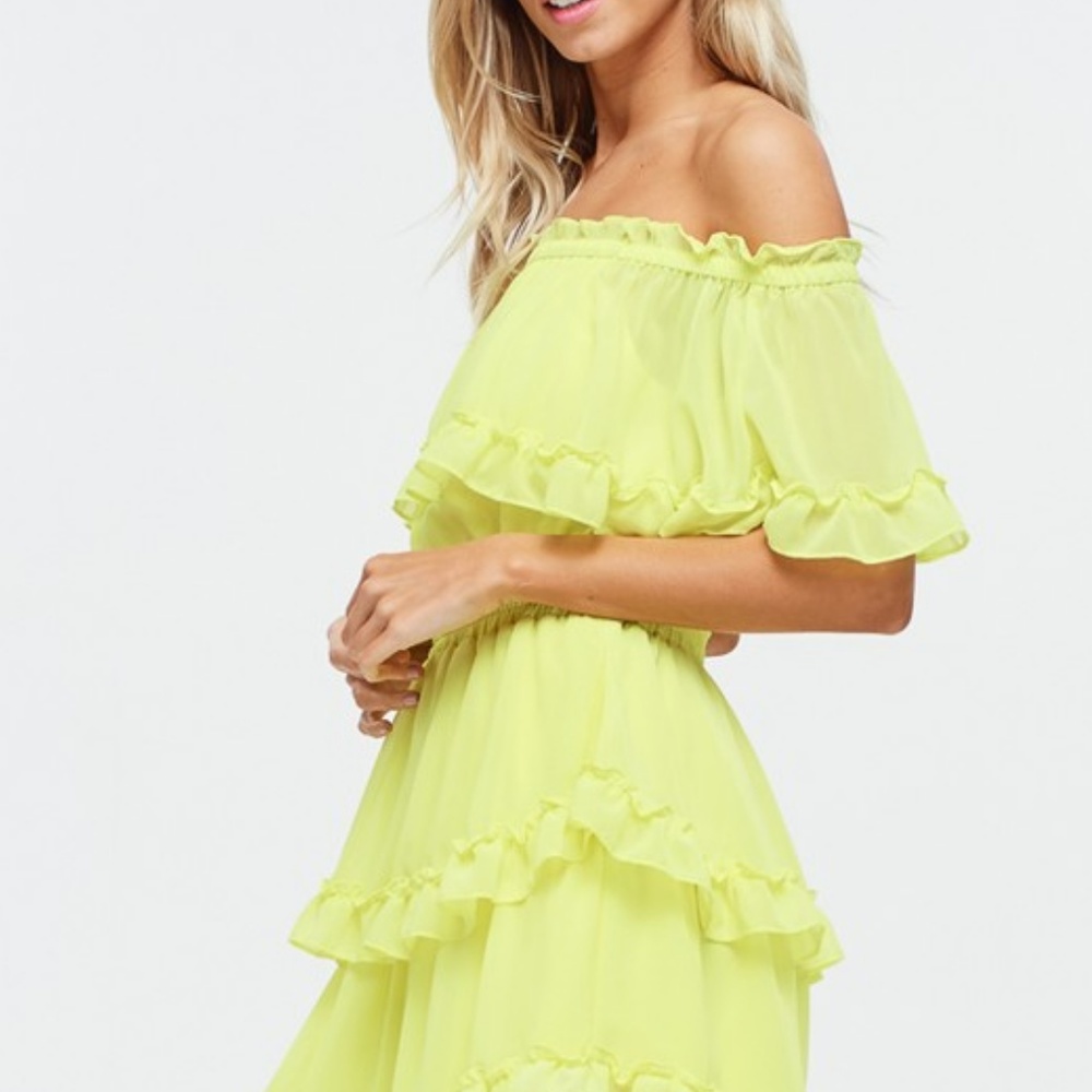 SALE! Neon Ruffled Off the Shoulder Chiffon Dress - Picture 6 of 8
